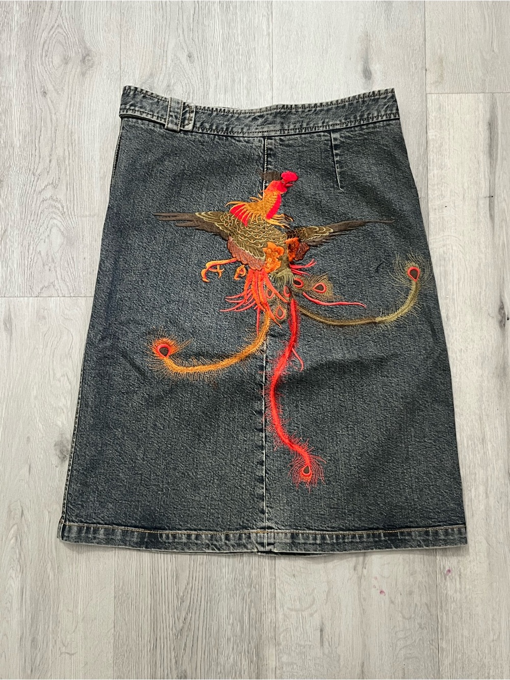 Vintage Dkny Black Denim Pencil Skirt with Red & Orange Embroidery